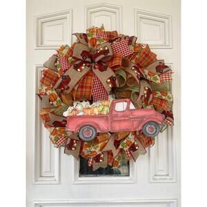 Red Pumpkin Truck Wreath, Rustic Farmhouse Mesh Ribbon Fall Autumn Wreath